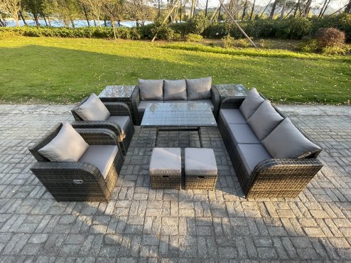 Fimous 10 Seater Rattan Outdoor Garden Furniture Sofa Set Patio Table & Chairs Set with 3 Seater Sofa Rectangular Dining Table 2 Small Footstool 2 Side Tables Dark Grey Mixed