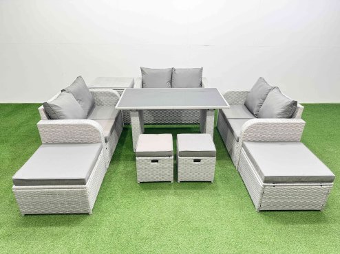 Fimous 10 Seater Patio Garden Furniture Sets with Black Glass Top Dining Table Love Sofa Side Table 4 Stools Light Grey
