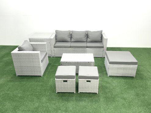 Fimous 7 Pieces Rattan Garden Furniture Set Outdoor Garden Sofa Chair Coffee Table Set with Side Table 3 Footstools Light Grey Mixed