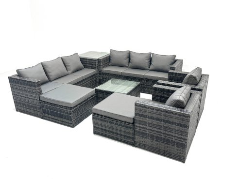 Fimous Outdoor Rattan Garden Furniture Set 10 Seater Patio Lounge Sofa Set with Armchair Square Coffee Table Side Table 2 Big Footstool Dark Grey Mixed