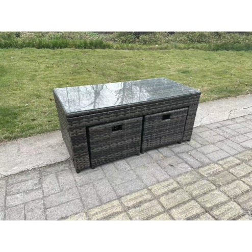 Fimous Outdoor Rattan Garden Furniture Lounge Sofa Set With Oblong Rectagular Coffee Table Big Footstool and 2 Small Stools Side Table