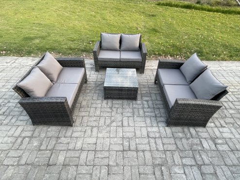 Fimous 6 Seater Rattan Wicker Garden Furniture Patio Conservatory Sofa Set with Square Coffee Table Double Seat Sofa