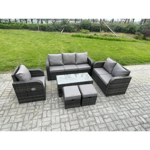 Fimous 8 Seater High Back Rattan Garden Furniture Set with Loveseat Sofa Rectangular Coffee Table 2 Small Footstools Indoor Outdoor Patio Lounge Sofa Set Dark Grey Mixed