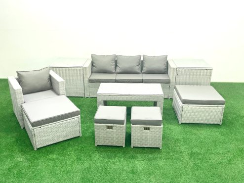 Fimous Rattan Garden Furniture Set Outdoor Lounger Sofa with Coffee Table 4 Footstools 2 Side Tables Light Grey Mixed