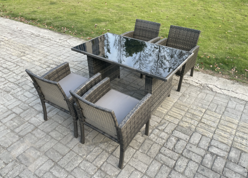 Fimous Wicker PE Outdoor Rattan Garden Furniture Arm Chair And Table Dining Sets 4 Seater Rectangular Table Dark Grey Mixed