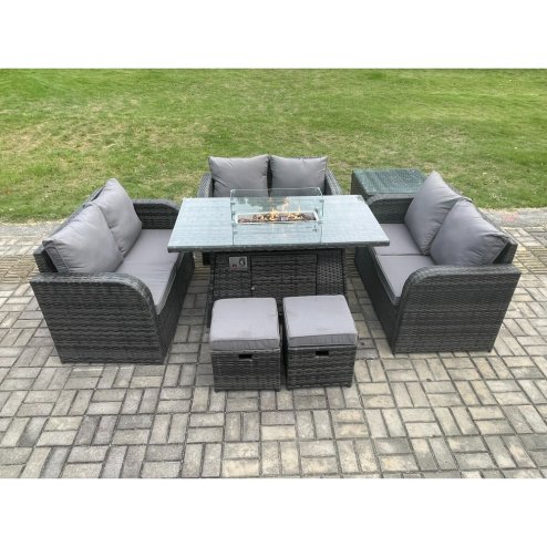Fimous Rattan Outdoor Garden Furniture Sofa Set Gas Fire Pit Dining Table Gas Heater with Side Tables Love Sofa 2 Small Footstools Dark Grey Mixed