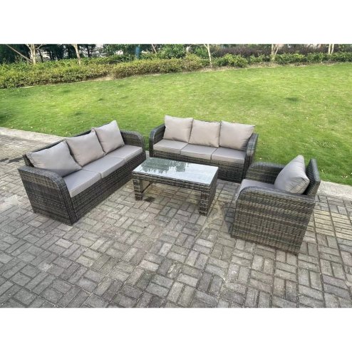 Fimous 7 Seater Dark Grey PE Wicker High Back Rattan Garden Furniture Set Reclining Chair Lounge 3 Seater Sofa Set Outdoor Rectangular Coffee Table