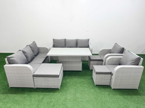 Fimous PE Rattan High Back Lounge Sofa Set Patio Adjustable Lifting Dining or Coffee Table & Chairs Set with 3 Seater Sofa Reclining Chair 3 Stools Light Grey