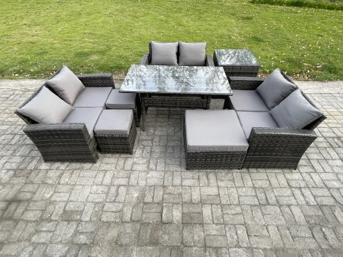 Fimous Wicker PE Rattan Garden Furniture Sets Outdoor Lounge Sofa Set with Oblong Dining Table Double Seat Sofa 3 Footstools Side Table Dark Grey Mixed