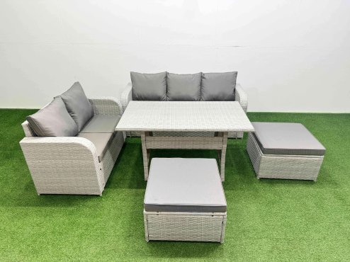 Fimous 7 Seater PE Rattan Wicker Garden Furniture Patio Conservatory Sofa Set with Rectangular Dining Table 3 Seater Sofa Love Sofa 2 Big Footstool