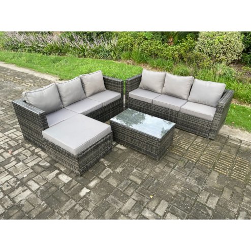 Fimous 7 Seater Rattan Garden Furniture Set Outdoor Patio Sofa Set with Oblong Coffee Table Big Footstool Dark Grey Mixed
