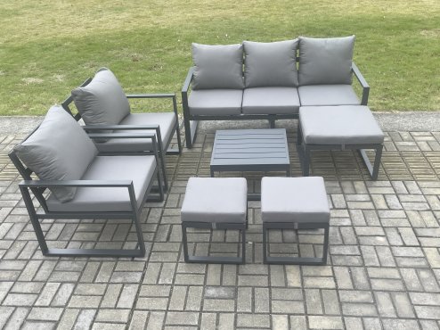 Fimous Aluminium Outdoor Lounge Sofa Set Garden Furniture Sets with Square Coffee Table 2 Chairs 3 Footstools Dark Grey 8 Seater