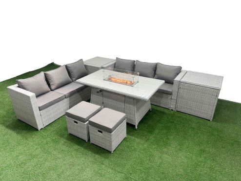 Fimous PE Rattan Lounge Sofa Set Outdoor Garden Furniture Set with Firepit Dining Table 3 Seater Sofa 2 Side Table 2 Small Stools Light Grey