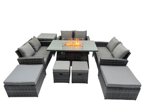 Fimous Outdoor Love Sofa Set 10 Seat Rattan Garden Furniture Set with Gas Firpit Dining Table 4 Footstools Side Table Dark Grey Mixed