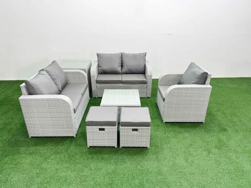 Fimous High Back Poly Rattan Garden Furniture Set with Reclining Chair Loveseat Sofa Square Coffee Table Indoor Outdoor Patio Set 2 Stool Side Table Light Grey