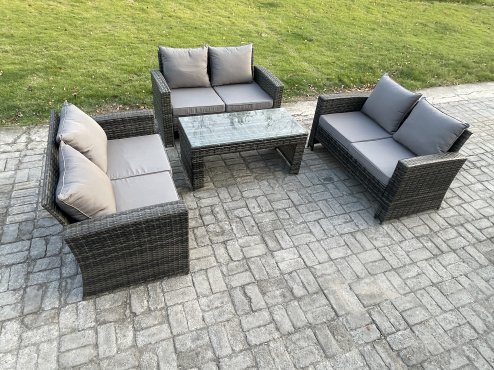 Fimous 6 Seater Rattan Wicker Garden Furniture Patio Conservatory Sofa Set with Coffee Table Double Seater Sofa