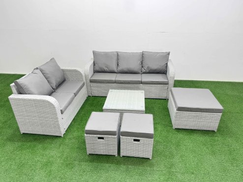Fimous 8 Seater PE Rattan Wicker Garden Furniture Patio Conservatory Sofa Set with Square Coffee Table 3 Seater Sofa Love Sofa 3 Stool Image