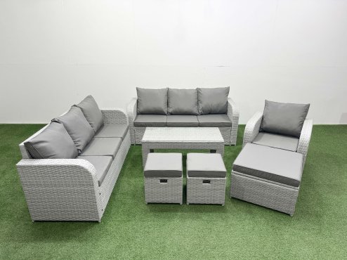 Fimous 10 Seater Poly Rattan Outdoor Garden Furniture Oblong Coffee Table Sofa Set Patio 3 Seater Sofa Reclining Chair 3 Seater Sofa 3 Stools Light Grey