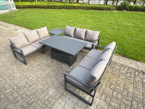 Fimous U-shaped Garden Furniture Set 9-Seater Aluminium Outdoor Dining Set with Adjustable Rising Lifting Dining Table Dark Grey