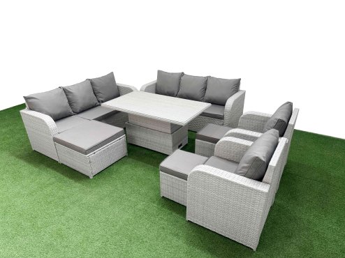 Fimous PE Rattan High Back Lounge Sofa Set Patio Adjustable Lifting Dining or Coffee Table & Chairs Set with 3 Seater Sofa Reclining Chair 3 Stools Light Grey
