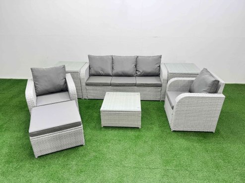 Fimous PE Rattan Garden Furniture Set Reclining Chair Sofa Lounge Sofa Set Square Coffee Table 2 Side Table Big Footstool Light Grey