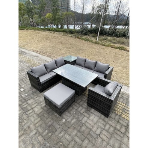 Fimous 8 Seater PE Rattan Corner Sofa Set Rising Adjustable Dining Table Set High Side Coffee Table With Arm Chair Big Footstool