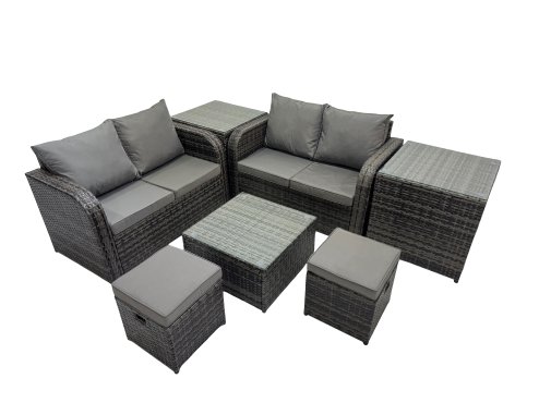 Fimous Rattan Garden Outdoor Furniture Set Love Sofa Square Coffee Table Set with 2 Side Tables 2 Small Stools Dark Grey Mixed