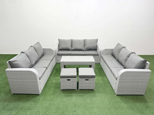 Fimous PE Rattan Lounge Sofa Set 11 Seater Outdoor Garden Furniture Set with Oblong Coffee Table 3 Seater Sofa 2 Stools Light Grey Image