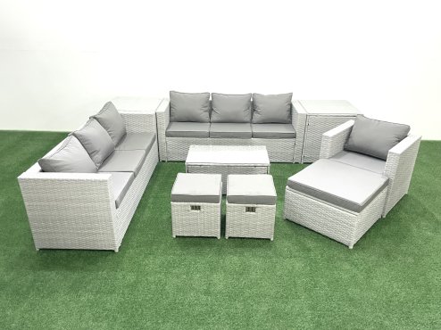Fimous Wicker PE Rattan Sofa Garden Furniture Set with Armchair Oblong Coffee Table 3 Footstools 2 Side Tables Light Grey Mixed