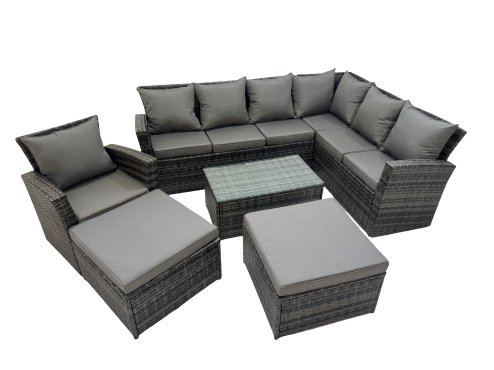 Fimous Rattan Garden Outdoor Furniture Set 9 Seater Garden Sofa Coffee Table Set with Chair 2 Big Footstools Dark Grey Mixed