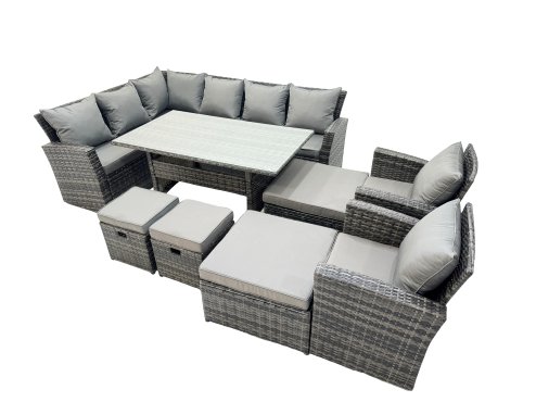 Fimous 12 Seat Rattan High Back Corner Sofa Set Patio Dining Table Set with 4 Stools 2 Chair Dark Grey Mixed