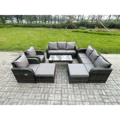 Fimous Rattan Wicker Garden Furniture Patio Conservatory Sofa Set with Rectangular Coffee Table Reclining Chair 2 Big Footstool