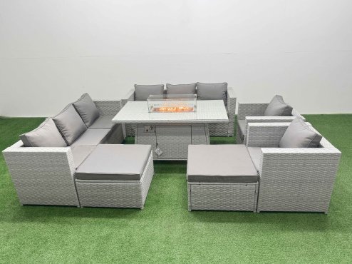 Fimous 10 Seat PE Rattan Lounge Sofa Set Outdoor Garden Furniture Set with Firepit Dining Table 3 Seater Sofa 2 Big Footstool Light Grey