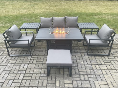 Fimous Aluminium Outdoor Garden Furniture Set Gas Fire Pit Dining Table Set Gas Heater Burner with 2 Arm Chair 2 Side Tables Big Footstool Dark Grey 6 Seater