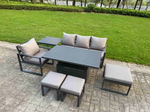Fimous Aluminum Outdoor Dining Set Patio Dining Furniture Set Includes Adjustable Rising Lifting Dining Table Chairs with 3 Footstools