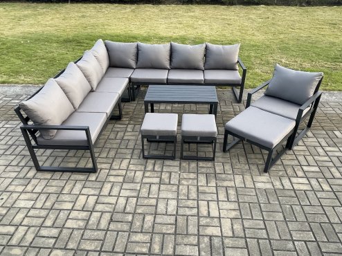 Fimous Aluminium Outdoor Garden Furniture Set Lounge Corner Sofa Oblong Coffee Table Chair Sets with 3 Footstools Dark Grey