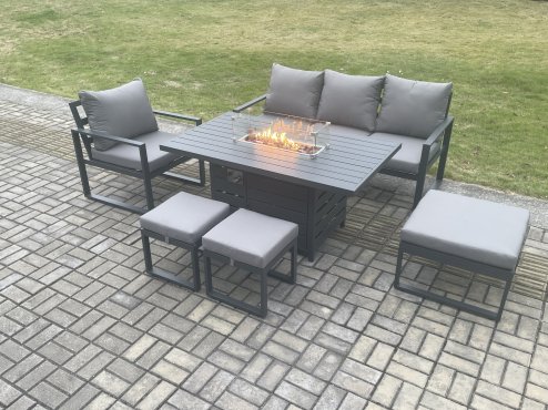Fimous Aluminium Outdoor Garden Furniture Set Gas Fire Pit Dining Table Set Gas Heater Burner with 3 Footstools Dark Grey 7 Seater