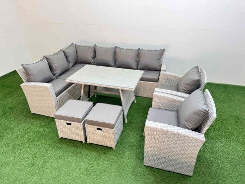 Fimous Garden Outdoor Rattan Furniture Set Rattan Corner Sofa Oblong Dining Table with 2 Armchairs 2 Small Footstools Light Grey Mixed 10 Seater