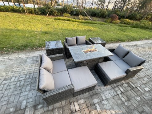 Fimous High Back Rattan Garden Furniture Sofa Sets with Outdoor Furniture Gas Firepit Dining Table Set 2 Big Footstool 2 Side Tables Dark Grey Mixed