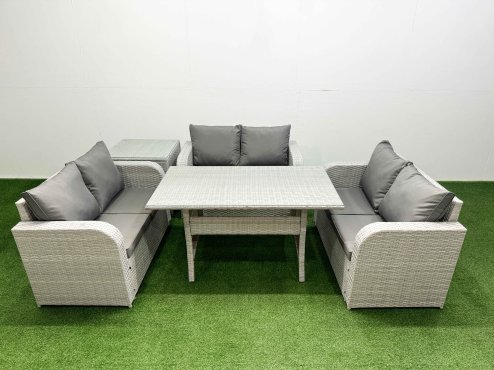Fimous 6 Seater PE Wicker Rattan Furniture Sofa Sets with Rectangular Dining Table 2 Seater Love Sofa Side Table Light Grey
