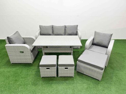 Fimous PE Rattan Garden Furniture Set Reclining Chair Sofa Lounge Sofa Set Rectangular Dining Table 3 Stools Light Grey