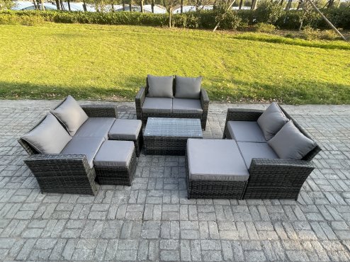 Fimous 7pc Rattan Sofa Garden Furniture Outdoor Patio Set with 3 Footstools Double Seat Sofa Dark Grey Mixed