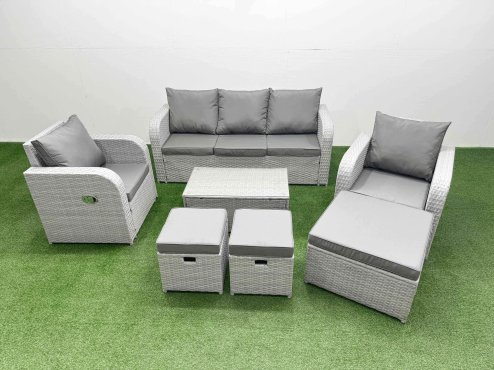 Fimous PE Rattan Garden Furniture Set Reclining Chair Sofa Lounge Sofa Set Oblong Coffee Table 3 Stools Light Grey