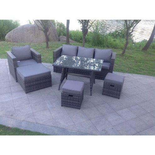 Dark Mixed Grey Rattan Garden Outdoor Sofa Set Chair Rectangular Dining Table Big Footstool 2 Small Footstools 7 Seater