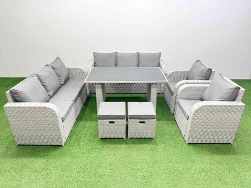 Fimous 10 Seater Wicker PE Rattan Furniture Outdoor Dining Table 3 Seater Sofa Reclining Chair Set with 2 Small Stools Light Grey