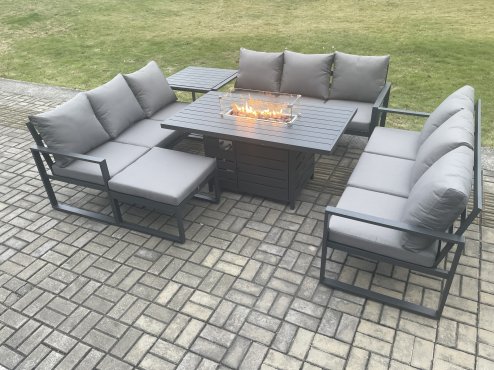Fimous Aluminium 10 Seater Garden Furniture Outdoor Set Patio Lounge Sofa Gas Fire Pit Dining Table Set with Big Footstool Side Table Dark Grey
