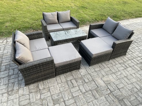 Fimous 8 Seater High Back Rattan Garden Furniture Sofa Sets with Rectangular Coffee Table 2 Big Footstool Dark Grey Mixed
