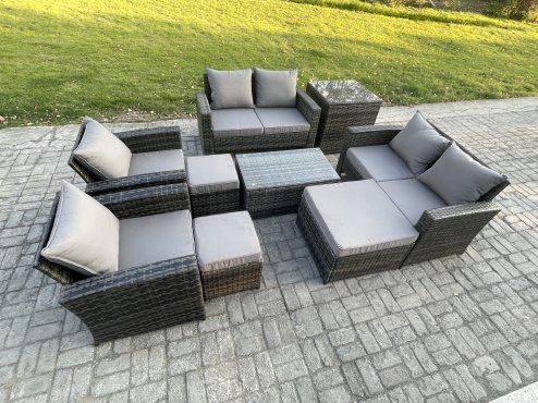 Fimous Garden Furniture Sets 9 Pieces Outdoor Rattan Furniture Manual Wicker Patio Sofa Chair Set with Coffee Table 3 Footstools Side Table Dark Grey Mixed