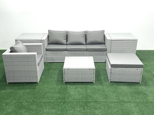 Fimous Garden Outdoor Furniture Set 5 Seater Rattan Sofa Set with Big Footstool Armchair 2 Side Tables Light Grey Mixed