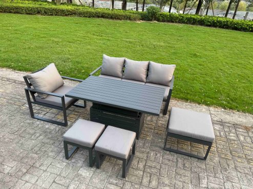 Fimous Aluminum Outdoor Dining Set Patio Dining Furniture Set Includes Adjustable Rising Lifting Dining Table Chairs with 2 Small Footstools 2 Side Tables